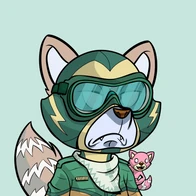 Softly drawn cartoon fox is in portrait view wearing a pre war styled green fighter pilot outfit including oversized goggle.The gentle light green background adds to the airy feeling of image but is contrasted by a stern frown on the fox's face.